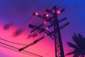 High voltage transmission systems. Electric pole. Neon glow. Power lines. Neural network AI generated photo