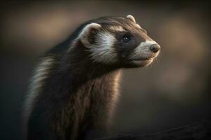 Closeup of the ferret in the nature. Ferret on the hunt. Neural network AI generated photo