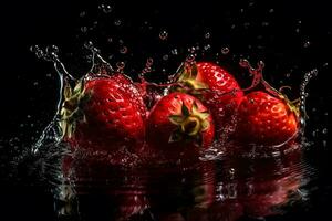 Strawberries and splashes of water on a black background. Neural network AI generated photo