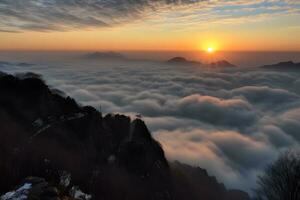 chino montañas en el niebla amanecer. neural red ai generado foto