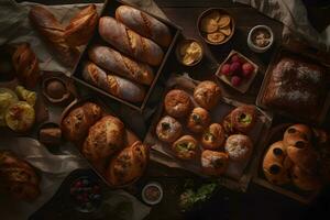 Many mixed breads and rolls shot from above. Neural network AI generated photo