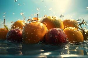 Tropical fruits fall deeply under water with a big splash. Neural network AI generated photo