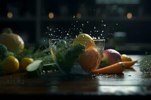 Vegetables splash in water on black background. Neural network AI generated photo