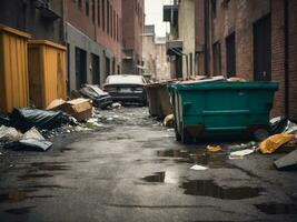 basura contenedores de basura en el ciudad. concepto de ambiental contaminación. generado por ai foto