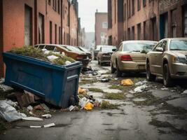 basura contenedores de basura en el ciudad. concepto de ambiental contaminación. generado por ai foto