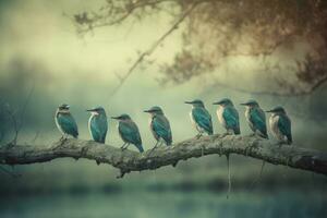 Group of birds on a branch, cold tone. Neural network AI generated photo