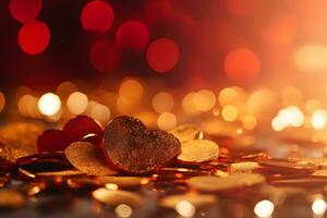 Gold hearts, glitters and bokeh background. Neural network AI generated photo