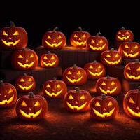 Halloween realistic Pumpkin background with spooky pumpkin jack o lantern in a dark moody forest ai generative photo