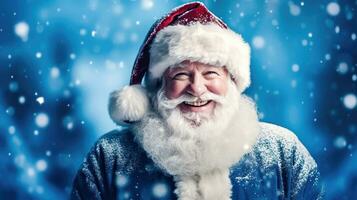 sonriente Papa Noel claus hombre en borroso invierno antecedentes - generativo ai foto