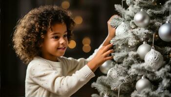 contento africano americano niño decorando el Navidad árbol - generativo ai foto