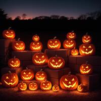Halloween realistic Pumpkin background with spooky pumpkin jack o lantern in a dark moody forest ai generative photo