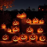 Halloween realistic Pumpkin background with spooky pumpkin jack o lantern in a dark moody forest ai generative photo