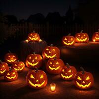 Víspera de Todos los Santos realista calabaza antecedentes con escalofriante calabaza Jack o linterna en un oscuro temperamental bosque ai generativo foto