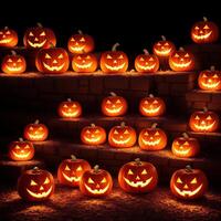 Halloween realistic Pumpkin background with spooky pumpkin jack o lantern in a dark moody forest ai generative photo