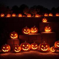 Halloween realistic Pumpkin background with spooky pumpkin jack o lantern in a dark moody forest ai generative photo