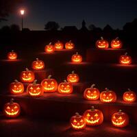 Halloween realistic Pumpkin background with spooky pumpkin jack o lantern in a dark moody forest ai generative photo