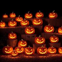 Halloween realistic Pumpkin background with spooky pumpkin jack o lantern in a dark moody forest ai generative photo