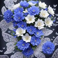 Flower realistic seamless butterfly abstract pattern. floral random background blue white ai generative photo