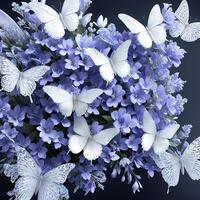 Flower realistic seamless butterfly abstract pattern. floral random background blue white ai generative photo