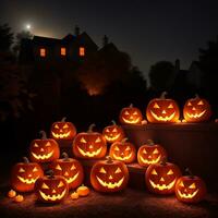 Víspera de Todos los Santos realista calabaza antecedentes con escalofriante calabaza Jack o linterna en un oscuro temperamental bosque ai generativo foto