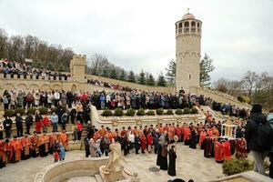 TERNOPIL, UKRAINE - APRIL 2, 2023 Many people during mission in complex of Ukrainian Jerusalem in the Mari spiritual center of Zarvanytsia In the Terebovlya district of the Ternopil photo