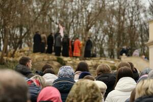 TERNOPIL, UKRAINE - APRIL 2, 2023 Many people during mission in complex of Ukrainian Jerusalem in the Mari spiritual center of Zarvanytsia In the Terebovlya district of the Ternopil photo