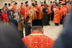 TERNOPIL, UKRAINE - APRIL 2, 2023 Many people during mission in complex of Ukrainian Jerusalem in the Mari spiritual center of Zarvanytsia In the Terebovlya district of the Ternopil photo