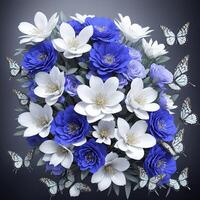 Flower realistic seamless butterfly abstract pattern. floral random background blue white ai generative photo