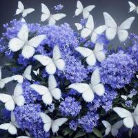 Flower realistic seamless butterfly abstract pattern. floral random background blue white ai generative photo