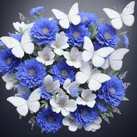 Flower realistic seamless butterfly abstract pattern. floral random background blue white ai generative photo