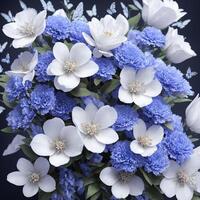 Flower realistic seamless butterfly abstract pattern. floral random background blue white ai generative photo