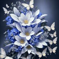 flor realista sin costura mariposa resumen modelo. floral aleatorio antecedentes azul blanco ai generativo foto