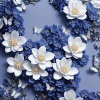 Flower realistic seamless butterfly abstract pattern. floral random background blue white ai generative photo