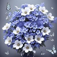 Flower realistic seamless butterfly abstract pattern. floral random background blue white ai generative photo