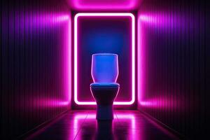 Ceramic toilet in a dark room with neon lighting. Generated by artificial intelligence photo