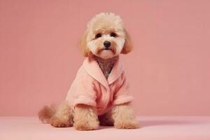 Glamorous fashionable dog in a pink robe. Neural network AI generated photo