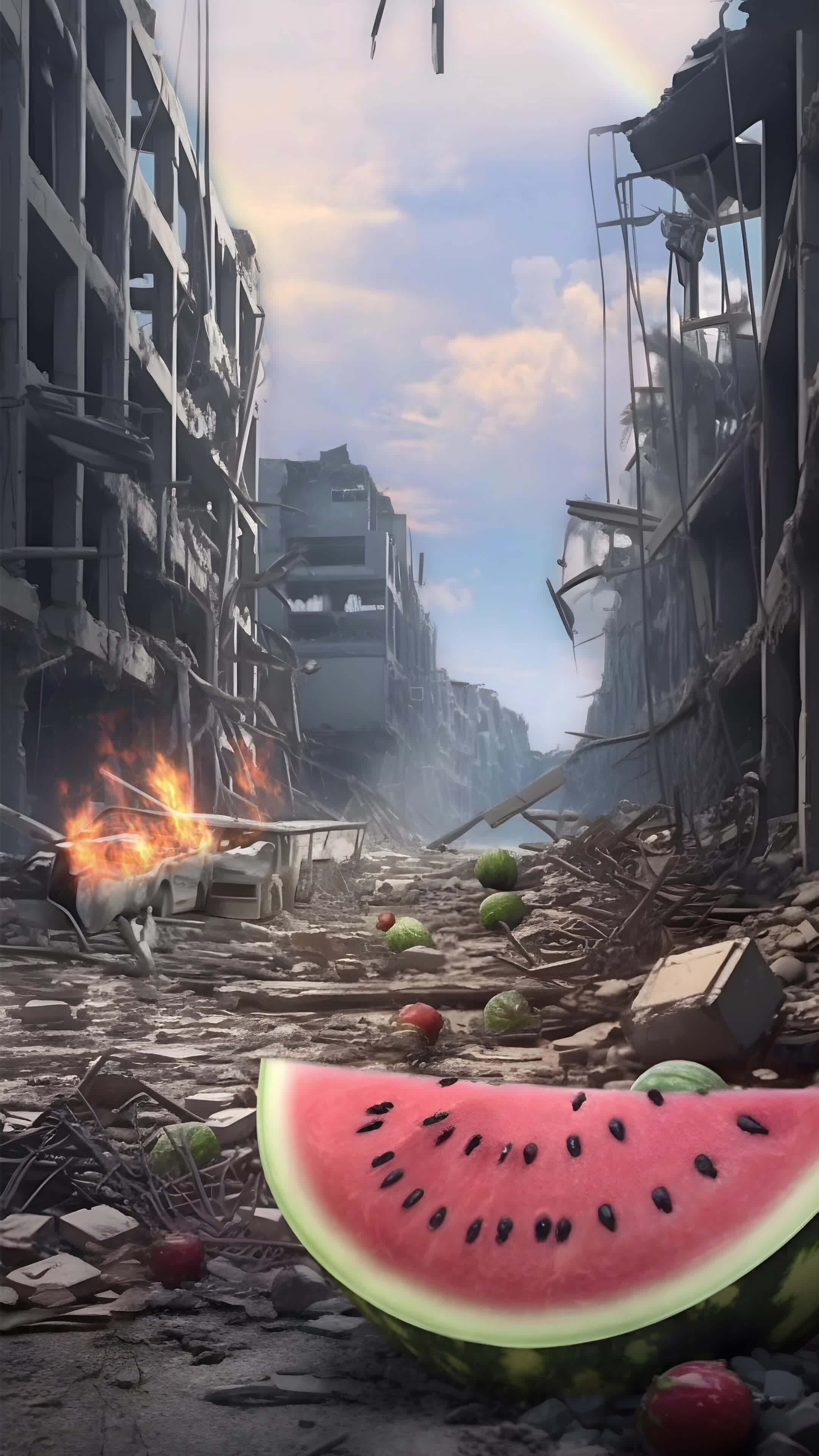 A piece of watermelon in the ruined city after the war. with 