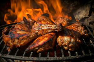Tasty chicken legs and wings on the grill with fire flames. Neural network AI generated photo