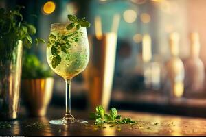 Mojito cocktail on the background of the bar. Neural network AI generated photo