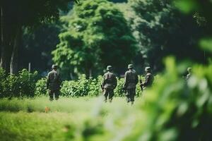 militar soldados empresa en el campo. neural red ai generado foto