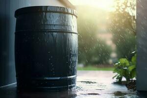 Black rain barrel sitting outside. Generate ai photo