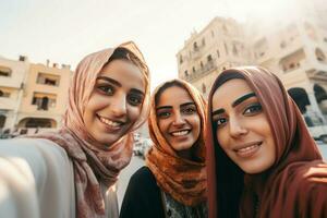 Selfie of muslim woman group. Generate Ai photo