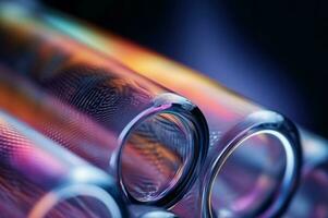 Closeup shot of glass tubes in colorful lights. Generate ai photo