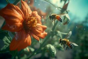 Realistic image of flying bees on flower plant. Generate ai photo