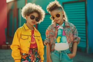 de moda niños vistiendo vistoso urbano ropa estilo. generar ai foto