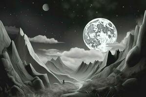 Monochrome art of moon in mountain hills. Generate ai photo