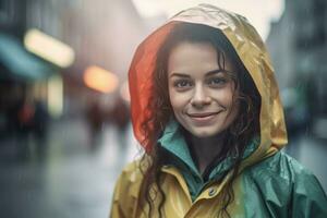 Happy positive woman in raincoat. Generate ai photo