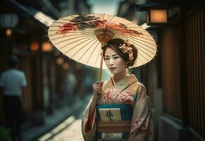 japonés mujer en kimono con sombrilla. generar ai foto