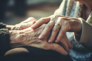 Young woman hand holding old female hand. Generate ai photo