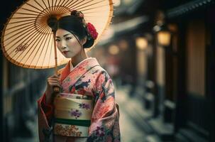 Japanese woman with umbrella. Generate Ai photo